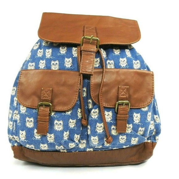 T-Shirt & Jeans Handbags - OWL Print Canvas Backpack Faux Leather Trim